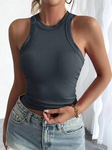 Breezaya Camiseta de tirantes informal de unicolor con cuello redondo y acanalada para mujeres en verano - Gris Oscuro - Ver 7