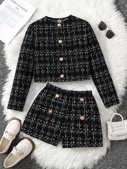 Serisse Kids Tween Girl Urban Chic Long Sleeve Jacket And Shorts Set Girls Two Piece Suit Girls Black Plaid Set Girls Autumn And Winter Suits Girls Plaid Set Two Piece Kids Set