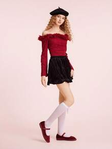 CUCCOO DOLLMOD 女士勃艮第天鹅绒经典舒适玛丽珍平底鞋，优雅时尚 - 復古紅色 - 查看 5