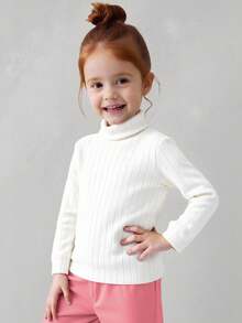 SHEIN Áo thun tay dài vải dệt kim cổ cao đơn giản cho bé gái, thích hợp cho mùa thu đông - trắng - Xem 4