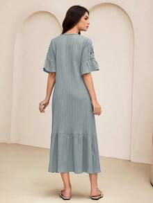 Lacomfia 2025年夏季新款女士V领褶皱A字连衣裙 - 淺灰色 - 查看 2