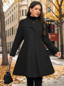 SHEIN Privé 大码女装时尚秀场款不对称A字灰色大衣，适合简约出行和冬季优雅约会 - 黑色 - 查看 4