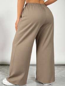 SHEIN VCAY Pantalones anchos de pierna ancha con bolsillo en diagonal, de unicolor, sencillos y casuales para uso diario y viajes, talla grande para mujeres - Marrón Mocha - Ver 2