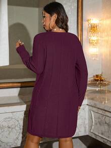 SHEIN LUNE 大码宽松纯色长袖圆领毛衣裙 - 紅色 - 查看 2