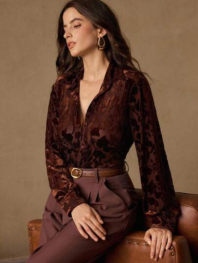 Anewsta 柔软丝绒烧花宽松休闲锈红色衬衫（亲肤柔软）