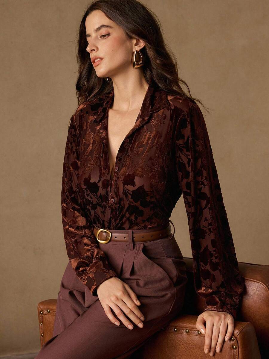 Anewsta 柔软丝绒烧花宽松休闲锈红色衬衫（亲肤柔软） - 鏽棕色 - 查看 1