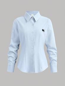 SHEIN 少女白色刺绣装饰修身长袖衬衫，返校衬衫，女童白衬衫，马匹刺绣图案白衬衫 - 淺藍色 - 查看 7