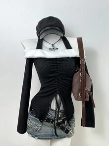 Elamini 1pc Women's Black Faux Fur Patchwork Contrast Color Asymmetrical Hem Drawstring Waist Casual Commute Fitted Sexy Blouse, Suitable For Winter, Christmas, Valentine's Day