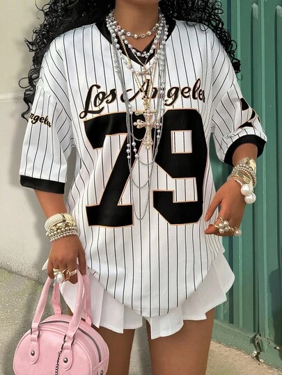 Rovax Women's Sporty Letter & Numeric Print Striped Raglan Loose Ringer T-Shirt, Summer Graphic Tees Women Tops