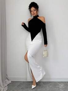 Gloray 秋冬新款黑白拼色拼接设计，性感高开叉露肩长袖褶饰紧身长裙，优雅适合派对、庆典、婚礼、万圣节、圣诞节 - 黑與白 - 查看 6