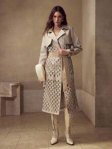 MOTF PREMIUM WOMEN'S AUTUMN/WINTER FASHION HOLLOW OUT CONTRAST COLLAR PU PATCHWORK TRENCH COAT - Light Grey - View 1