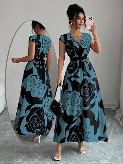 Elenzga Women's Elegant V-Neck Waist Cinched Floral Print Dress