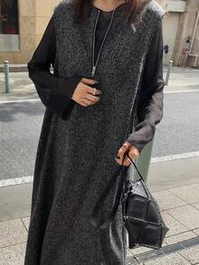 FRIFUL Women's Casual Loose Zip-Up Sleeveless Round Neck Dress, Autumn Prom Dress Maxi Dress - Black - View 2