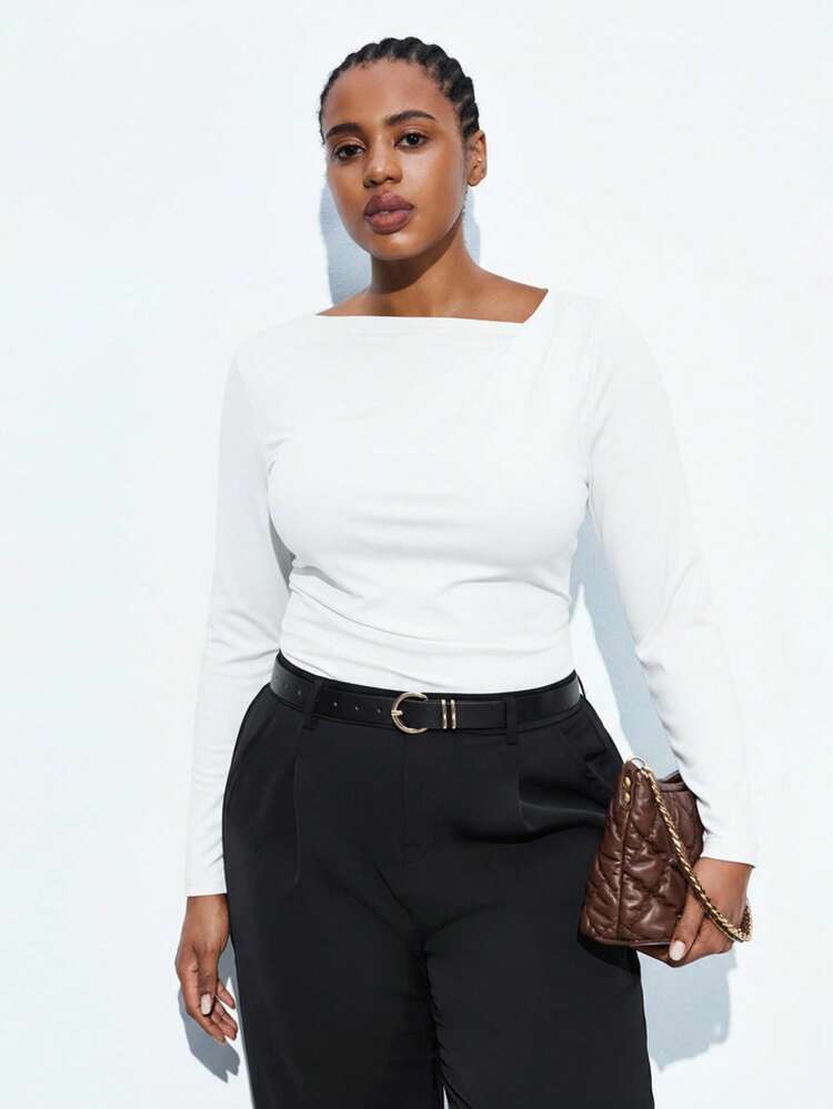 SHEIN Maija Plus Size Long Sleeve Base Layer T-Shirt, Knit Top For Spring To Summer Spring Valentine's Day Carnival Fasching Women Costume Party Beach Wedding Vacation Casual White Top St Patrick's Day Women Easter Summer Easter Women Party Top Beach Summer Holiday Beach Vacation Summer Going Out Graduation