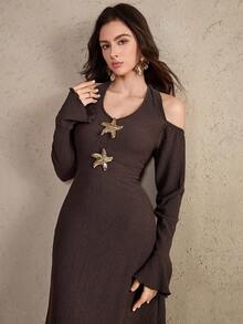DAZY Vestido feminino elegante com ombros de fora e mangas franzidas, comprimento médio, outono - Castanho - Ver 7