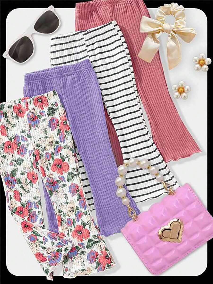 SHEIN 4pcs Young Girl Casual Versatile Floral & Ribbed Print Plus Solid Color Flared Pants, School, Campus, College Chic Outfits For Autumn/Winter - Multicolor - View 1