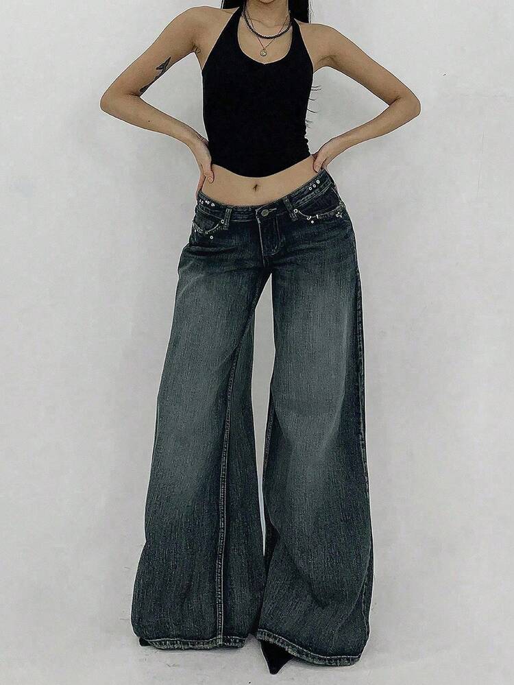 DAZY Jeans décontractés à taille basse et jambes larges pour femmes, effet usé