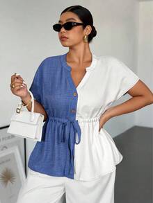 Elenzga Plus Size Notched Neck Denim Effect Texture Shirt With Button Front, Adjustable Waist Belt, Contrast Color Splice, Casual Wear & Commute - Blue and White - View 1