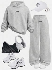 SHEIN Bộ 2 món/Bộ đồ thể thao thường ngày màu xám cho bé gái tuổi teen, Bộ đồ phong cách thể thao, phù hợp cho trẻ em mặc thường ngày, trở lại trường, lễ khai giảng, trang phục hàng ngày, đi học, du lịch, thể thao, thu/đông - Xám - Xem 2