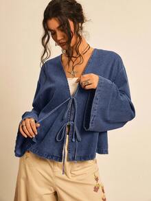 Freevana Áo sơ mi tay loe rộng rãi buộc dây phía trước cỡ lớn, mùa thu - Xanh đậm - Xem 3