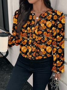 EMERY ROSE Plus Size Vintage Elegant Floral Print Shirt, Suitable For Fall