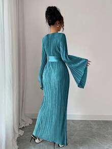 Elenzga Gaun Lengan Panjang Elegan Leher Bulat Warna Polos Ukuran Standar - Teal Blue - View 2