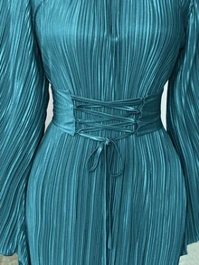 Elenzga Gaun Lengan Panjang Elegan Leher Bulat Warna Polos Ukuran Standar - Teal Blue - View 4