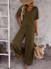 EMERY ROSE Women's Solid V-Neck Short Sleeve Button Front Blouse And Loose Fit Pants 2 Pieces Set - Brown - View 8
