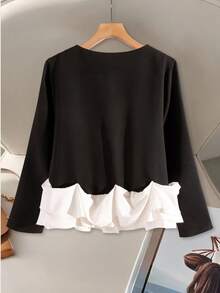 GlowEve CURVE Plus Size Solid Color Patchwork Ribbon Ruffle Hem Elegant Party Regular Jacket For Women - Multicolor - View 2