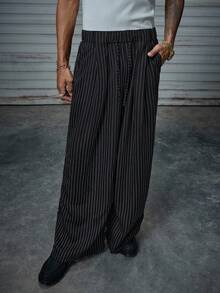 AXEPEAK 男士抽绳腰带条纹口袋阔腿宽松休闲裤，适合秋季 - 黑色 - 查看 6