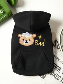 PETSIN 1 件宠物服装，可爱刺绣绵羊黑色秋冬保暖连帽衫，猫狗穿着口袋温暖舒适的外套 - 黑色 - 查看 4