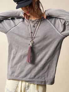 Bohemela BOHO Casual Solid Color Knit Crew Neck Butterfly Hollow Back Design Loose Long Sleeve T-Shirt For Women - Grey - View 6