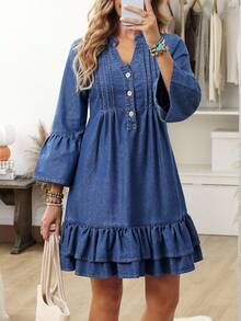 EMERY ROSE Women's Blue V-Neck Flare Sleeve Pleated Loose Denim Dress