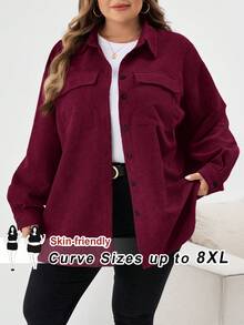 SHEIN CURVE+ 大码女式休闲纽扣长袖纯色夹克大码灯芯绒衬衫 8xl 女装大码大码衬衫曲线衬衫 6xl 加大女装，秋季女装冬季秋装/秋冬 - 酒紅色 - 查看 1