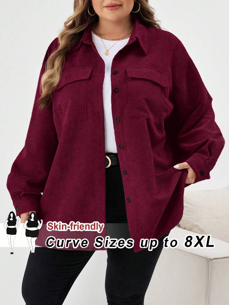 SHEIN CURVE+ 大码女式休闲纽扣长袖纯色夹克大码灯芯绒衬衫 8xl 女装大码大码衬衫曲线衬衫 6xl 加大女装，秋季女装冬季秋装/秋冬 - 酒紅色 - 查看 1