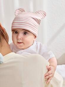 Cozy Pixies 3 chiếc/bộ mũ len mềm mại & thoải mái cho trẻ sơ sinh, họa tiết sọc, họa tiết gấu hồng - Nhiều màu - Xem 9