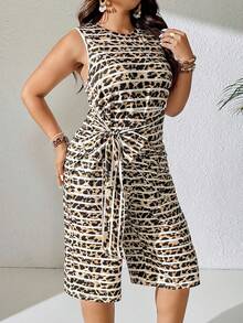 Calvaya Plus Size Casual Leopard & Striped Print Tie-Up Romper - Multicolor - View 4