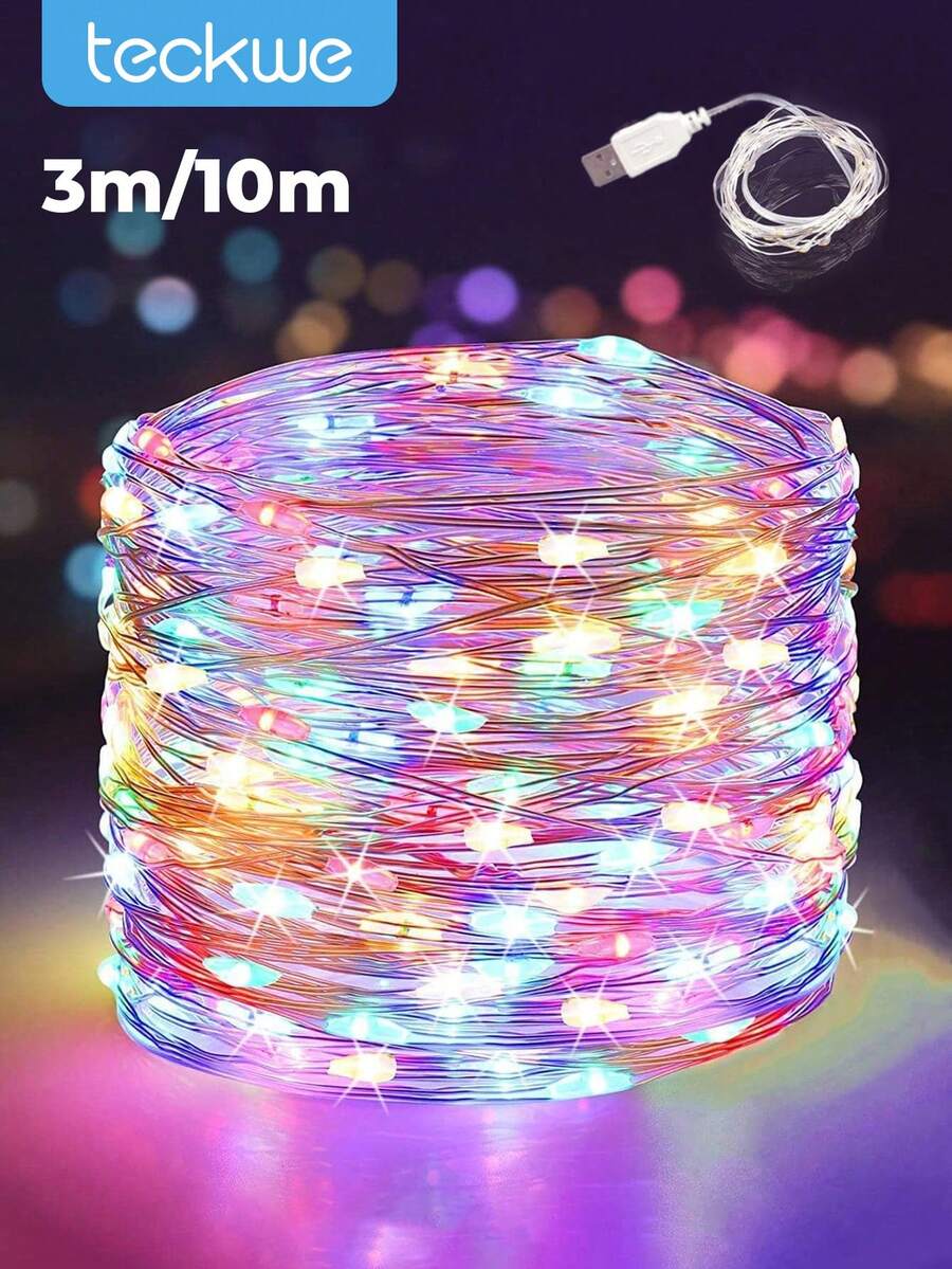 Teckwe 1 Stück 3M/10M LED USB betriebene Lichterkette, Feen Lichterkette mit Farbwechsel, funkelnde Weihnachtsbeleuchtung für Innenräume, Schlafzimmer, Weihnachtsbaum, Hochzeit, Party, Terrasse, Dekoration Fenster