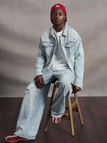 PAVTROS Conjunto de chaqueta y jeans de Manfinity Men Streetrush, con diseño de jacquard lavado y desgastado, para todas las estaciones, ropa de otoño unisex para Halloween y Día de Todos los Santos - Azul - Ver 4