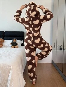 SHEIN 女士毛绒爱心图案耳朵装饰连帽蓬松连体衣，适合秋冬季节，舒适保暖 - 彩色 - 查看 2