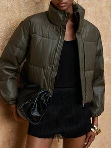 SHEIN Privé VITNOS 新款秋冬高端女士休闲通勤优雅纯色长袖拉链宽松冬季羽绒服，简约百搭复古设计，时尚宽松休闲加厚外套，超大款短款外套，绿色外套，飞行员夹克，橄榄绿女士保暖外套，新年、生日礼物，冬季奢华外套，适合约会、派对、外出、夜生活、婚礼、节日、度假、生日等场合。 - 軍綠色 - 查看 4