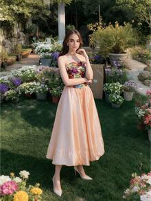 ÉTHER D'OR Women's Retro Elegant Floral Pattern Curved Hem Bandeau Top