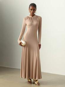 Vesra 女式高腰罗纹A字长袖打结修身连衣裙，优雅 - 卡其色 - 查看 3