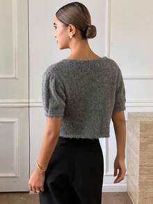 DAZY Women's Solid Color Single-Breasted Short Puff Sleeve Casual Knit Cardigan, Autumn/Winter - Grey - View 2