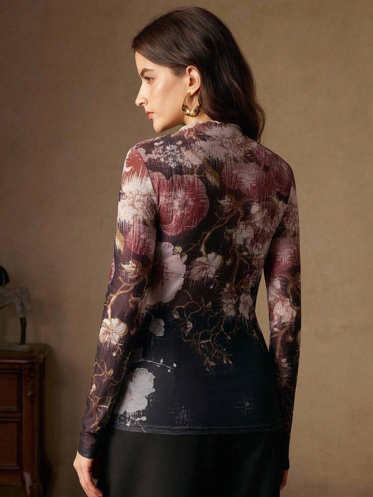 Elegant Floral Print Slim Fit Blouse With Mandarin Collar And Sheer Sleeves, Suitable For Summer, Autumn, Fall, Casual, Chic, New Year