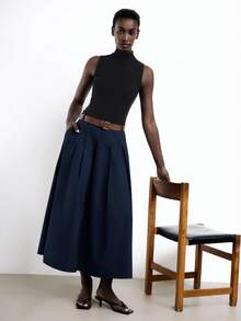 Maija 2025冬季新款藏蓝色褶裥喇叭裙，侧边口袋设计，配可拆卸PU皮金属腰带，时尚优雅，适合通勤穿着。 - 藏蓝色 - 查看 5