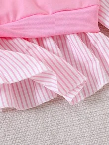 小女孩条纹领衬衫，甜美公主风格蓝白条纹长袖拼接，3D 花朵荷叶边下摆，柔软轻盈，春秋季、返校季、四季皆宜 - 粉色 - 查看 5