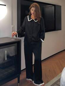 DAZY Contrast Color Tassel Trim Satin Women Pajama Set Fall Winter Clothes - Black - View 6