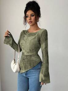 Elenzga Femmes Chemise Vintage Style Gothique à Manches Évasées, Col Drapé, Taille Resserrée par Cordon, Ourlet Asymétrique, Convient pour les Sorties, le Port Quotidien, Halloween, Automne - Multicolore - Voir 5