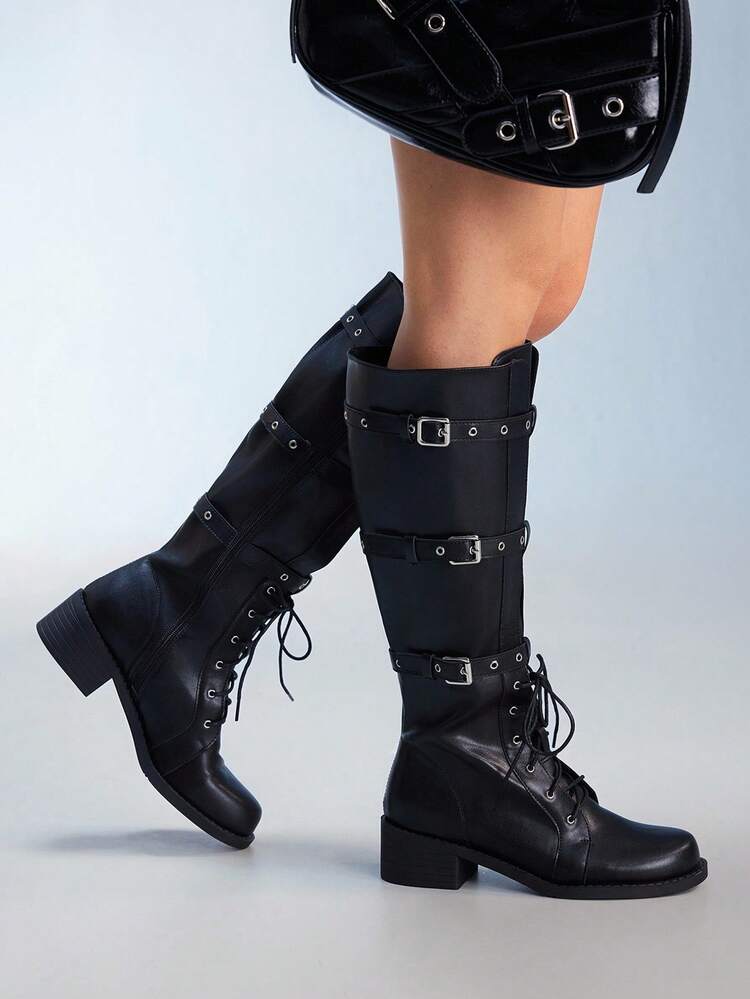 CUCCOO GRLICON Women's Round Toe Platform Thick Sole Black PU Buckle Decor Fashion Comfortable Daily Party Slip-On Boots, Suitable For Christmas, Halloween, Music Festivals, Autumn